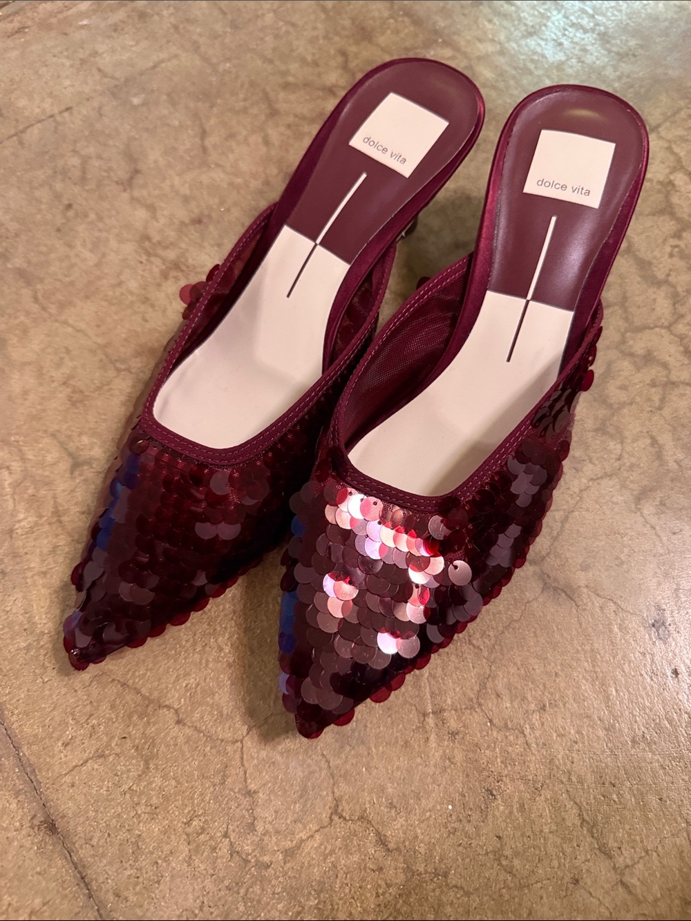 Dolce Vita Burgundy Sequin Pointed Mule Slides